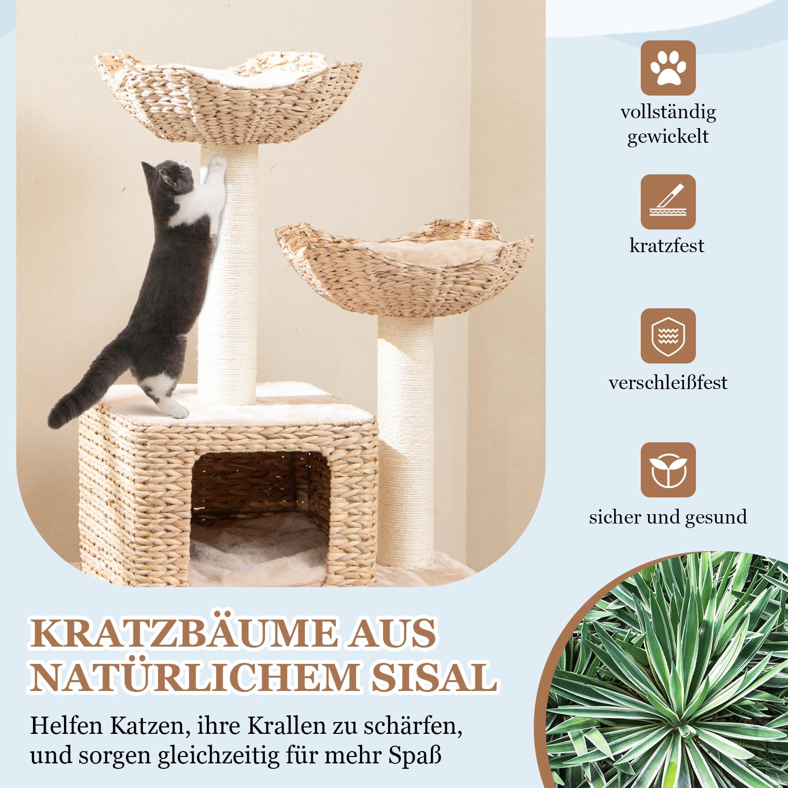 COSTWAY Drapak dla kotów z jaskinią, 122 cm, Drapak dla kota z 2 poręczami i poduszkami oraz jaskinią z trzciny, drabinka i słup sizalowy, wielopoziomowy drapak do wspinaczki, drapak dla kota, kolor