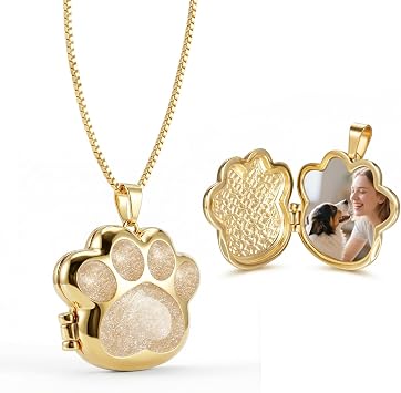 Customize Pet Paw Print Locket Necklace for Women Men Personalize Paw Memorial Necklace for Dog Cat Pet for Memorial Gift-Gold White