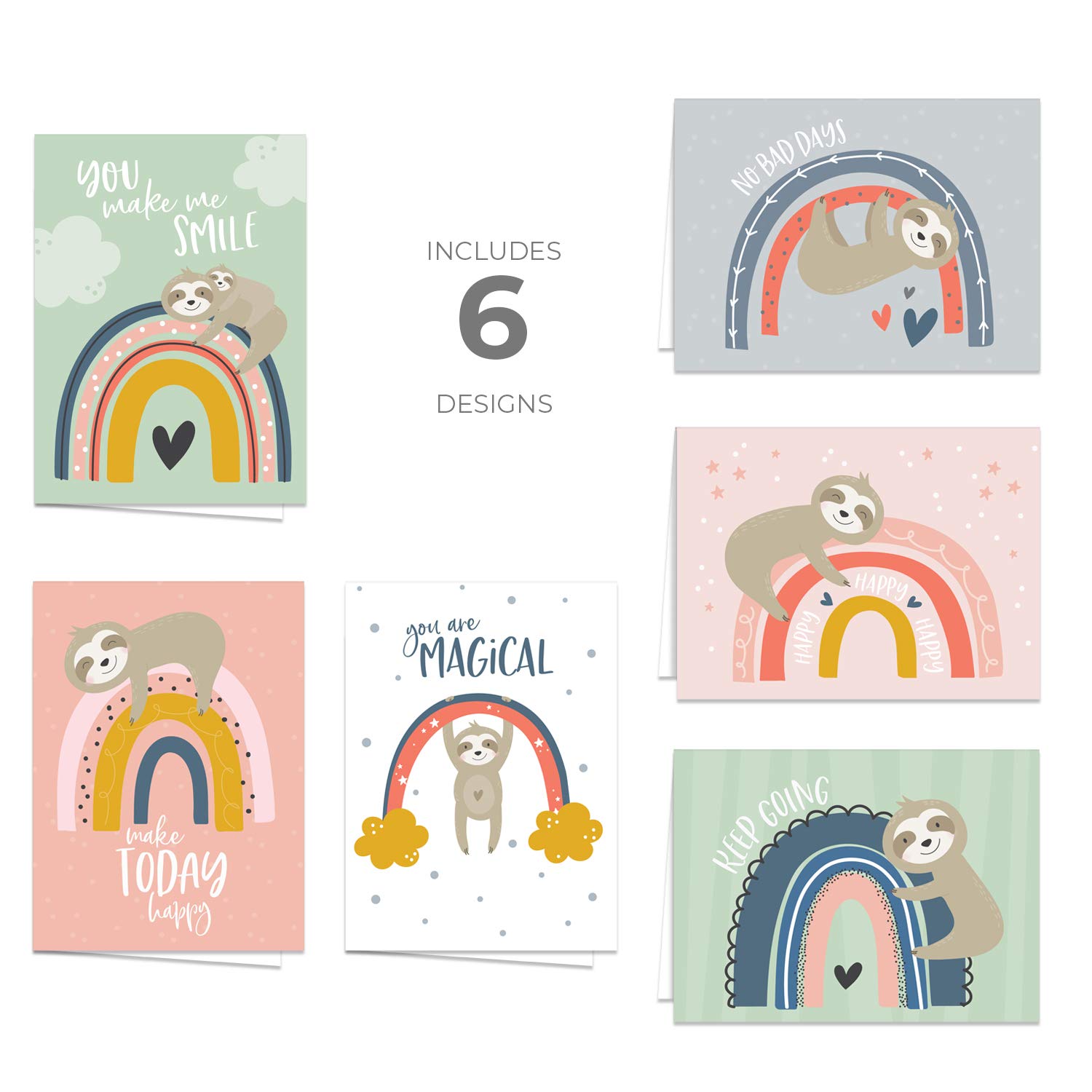 Canopy Street Happy Rainbow And Sloth Encouragement Cards / 24 All Occasion Greeting Cards With White Envelopes Set / 6 Cute Baby Shower Birthday