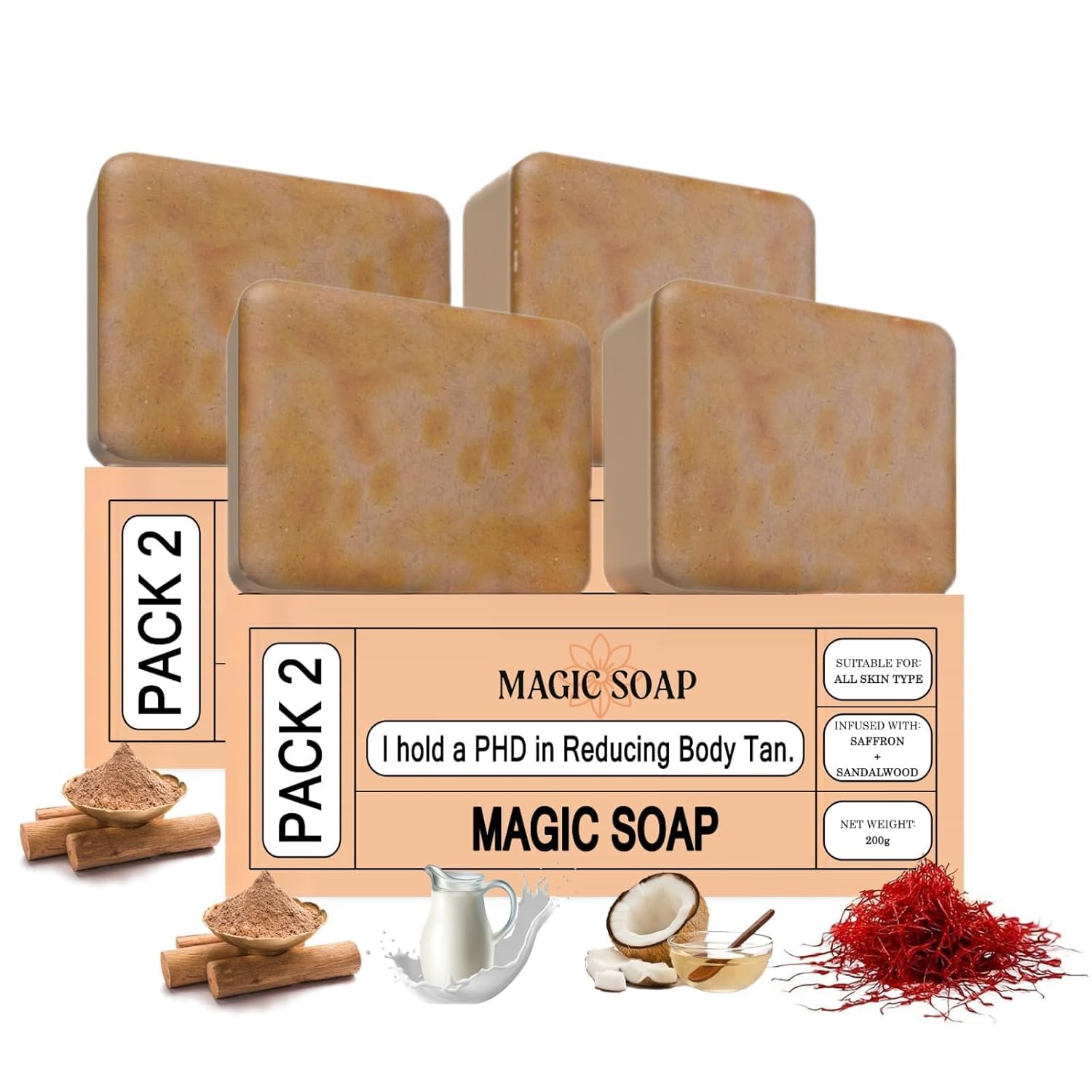 Magic Soap Tan Removal Sandalwood & Saffron Magic Soaps For Bath | Paraben Free | Chandan & Kesar Bath Soaps | Handmade Soap For Glowing | Skin Brightening For Men & Women (100 Gms Pack Of 4)