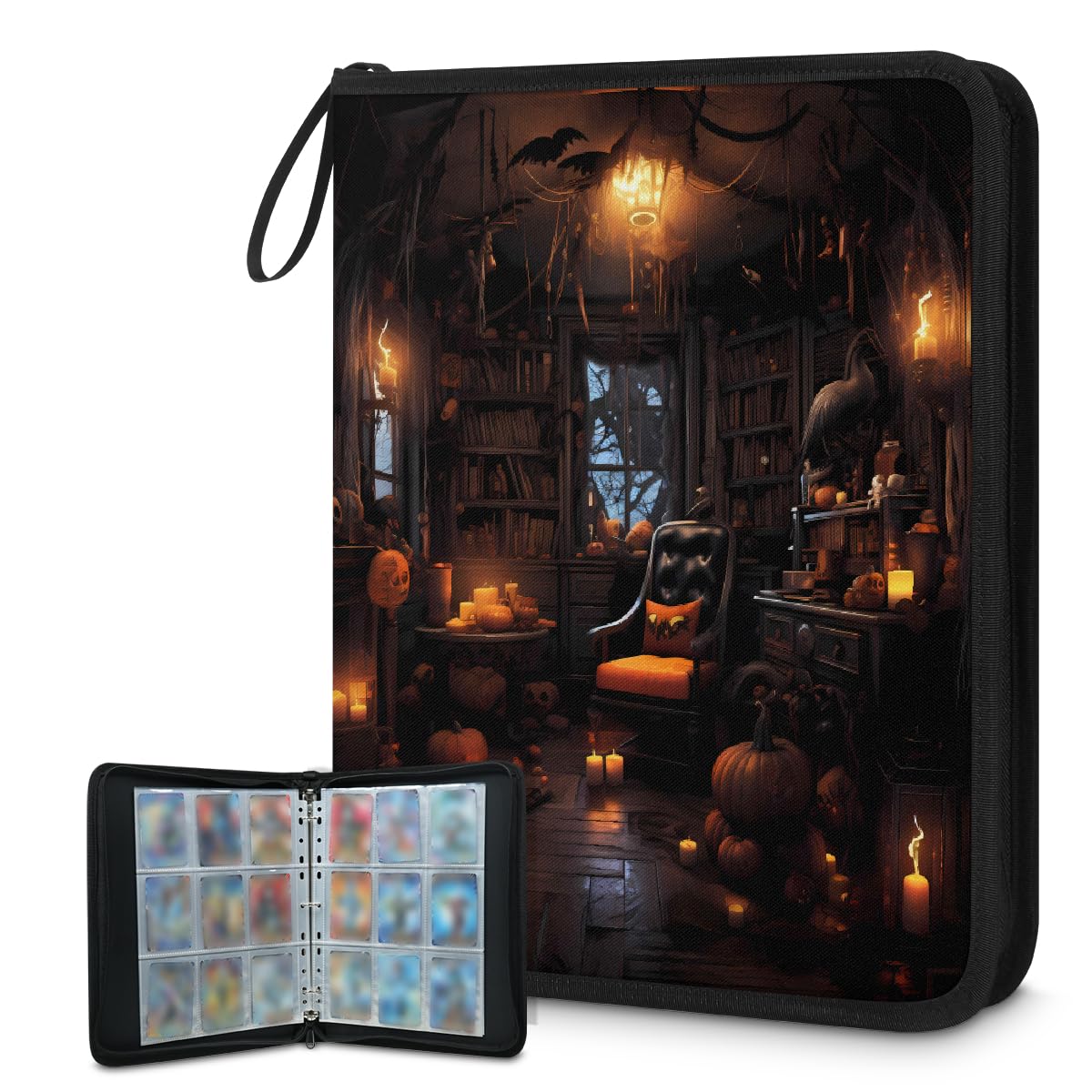 Raccoglitore per carte collezionabili con 9 tasche, vintage, per libri, per Halloween, con maniche rimovibili, impermeabile, con cerniera, 50 pagine, capacità 900 carte