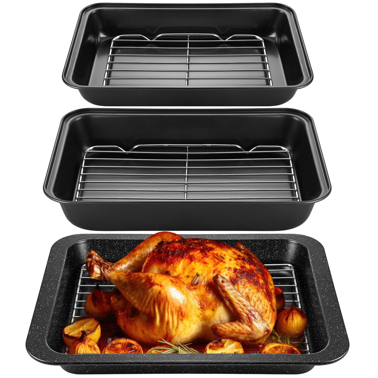 LOYIM 6 Pcs Roasting Pan with Rack Set 14/13/12" Stainless Steel Cookie Baking Sheet Pan and Flat Rack Baking Pans Sets Nonstick for Oven Cooking Roasting Kitchen Cookware