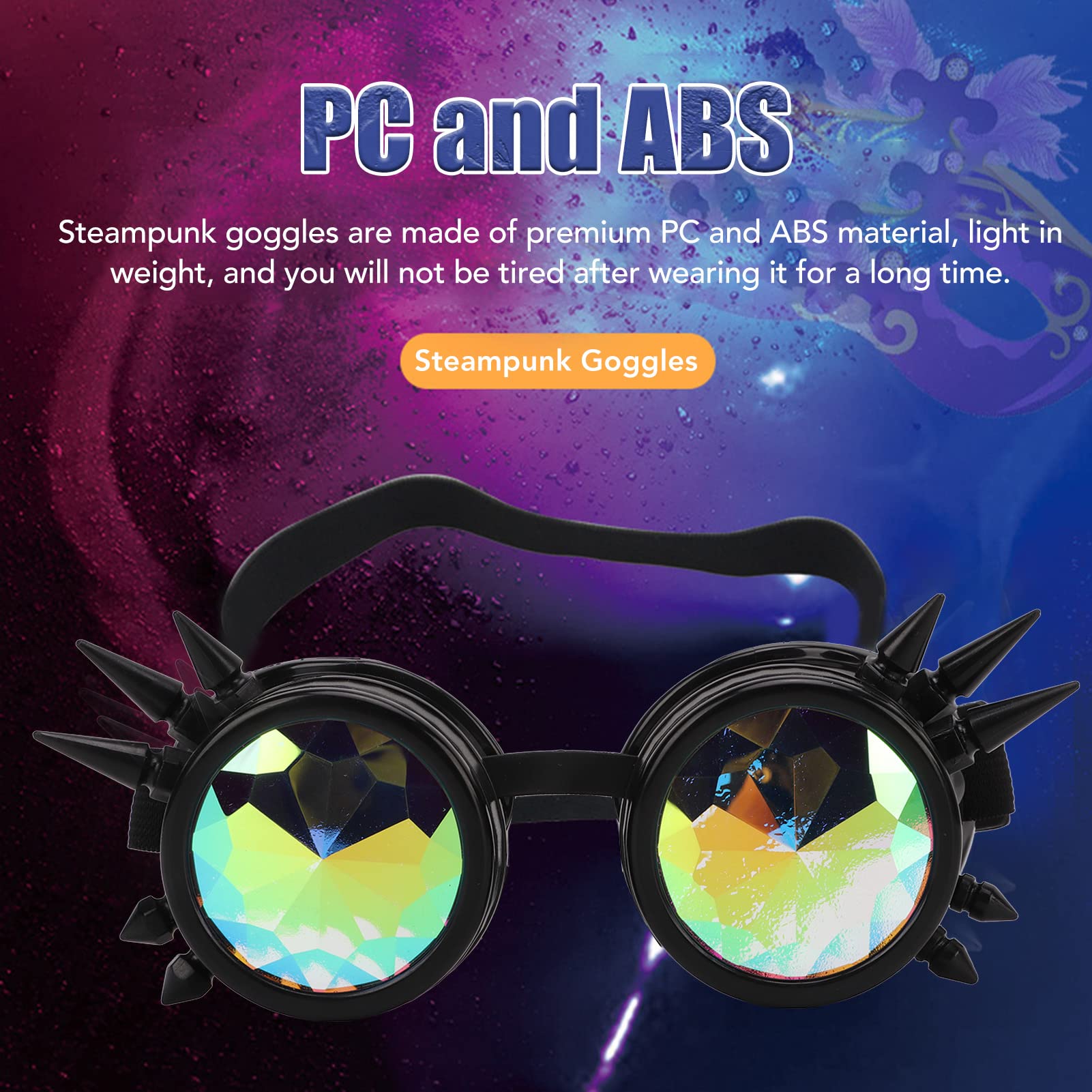 Steampunk Retro Eyewear PC e lenti abbaglianti con caleidoscopio ABS con cinturino elastico regolabile per la festa di decorazione retrò Halloween (Nero)