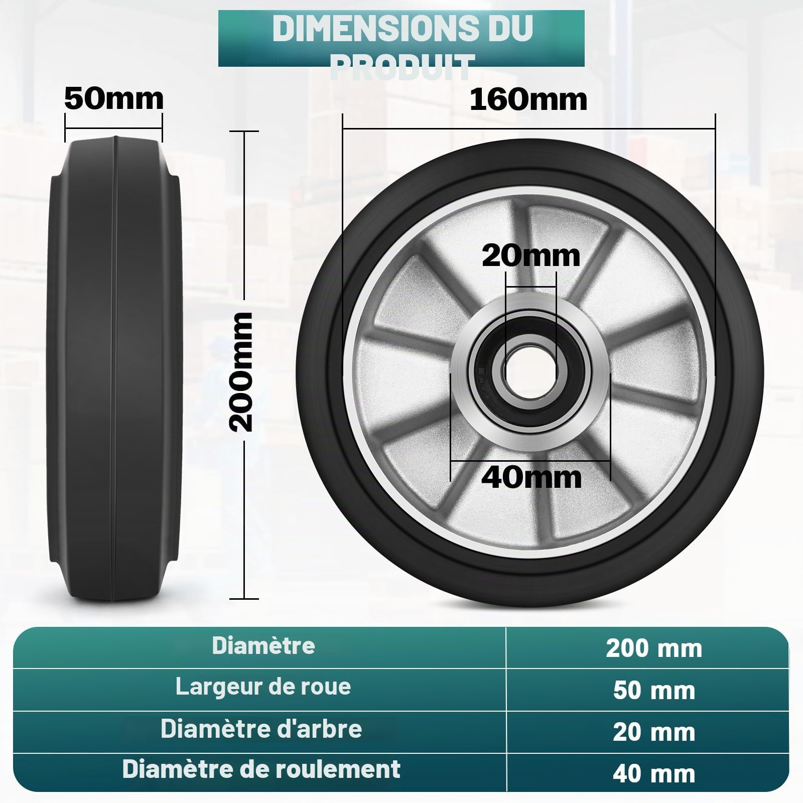 Lot de 2 roulettes de chariot élévateur en caoutchouc 200 x 50 mm, max. 1500 kg par roulettes, avec roulement à billes pour chariot élévateur, axe 20 mm, pour transpalette, élévateur de rechange