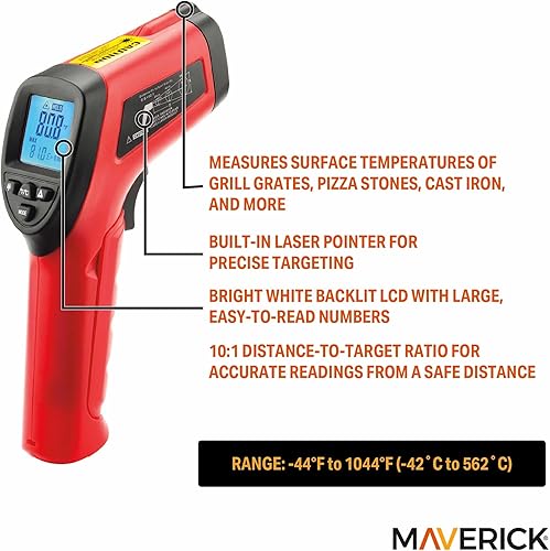 Miniatura 3 de Maverick Termómetro infrarrojo de superficie para barbacoa, orientación láser, relación distancia a punto 101, pantalla LCD retroiluminada,