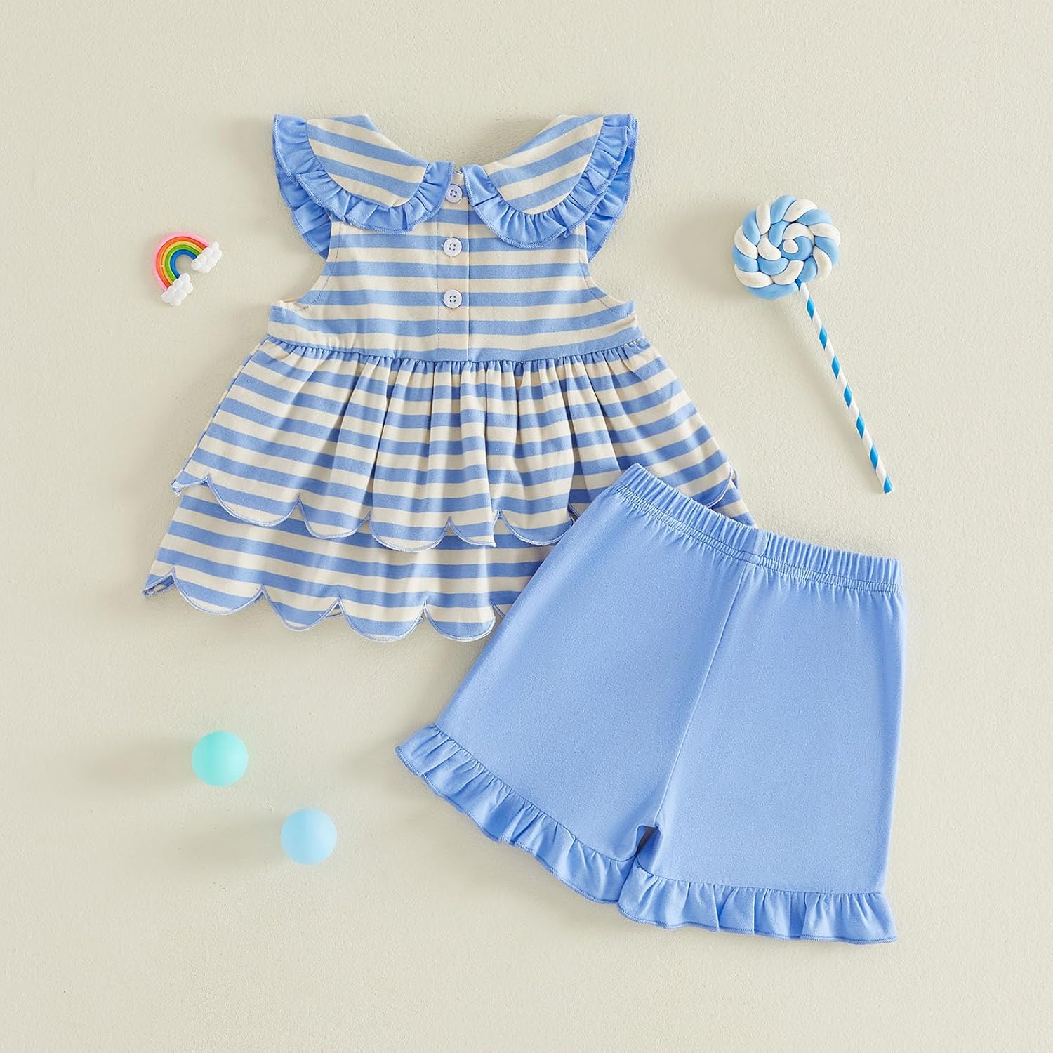BeQeuewll Toddler Baby Girl Summer Outfit Sleeveless Doll Collared Striped Ruffle Tops Dress+Shorts Girls Clothing