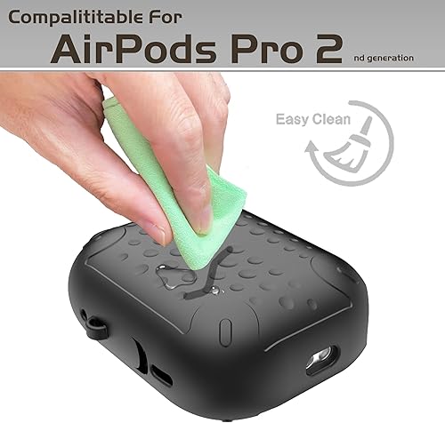 Miniatura 7 de Funda impermeable para AirPods Pro de 2 generación, funda protectora de silicona antipérdida, carga inalámbrica y LED visible, con mosquetón (negro