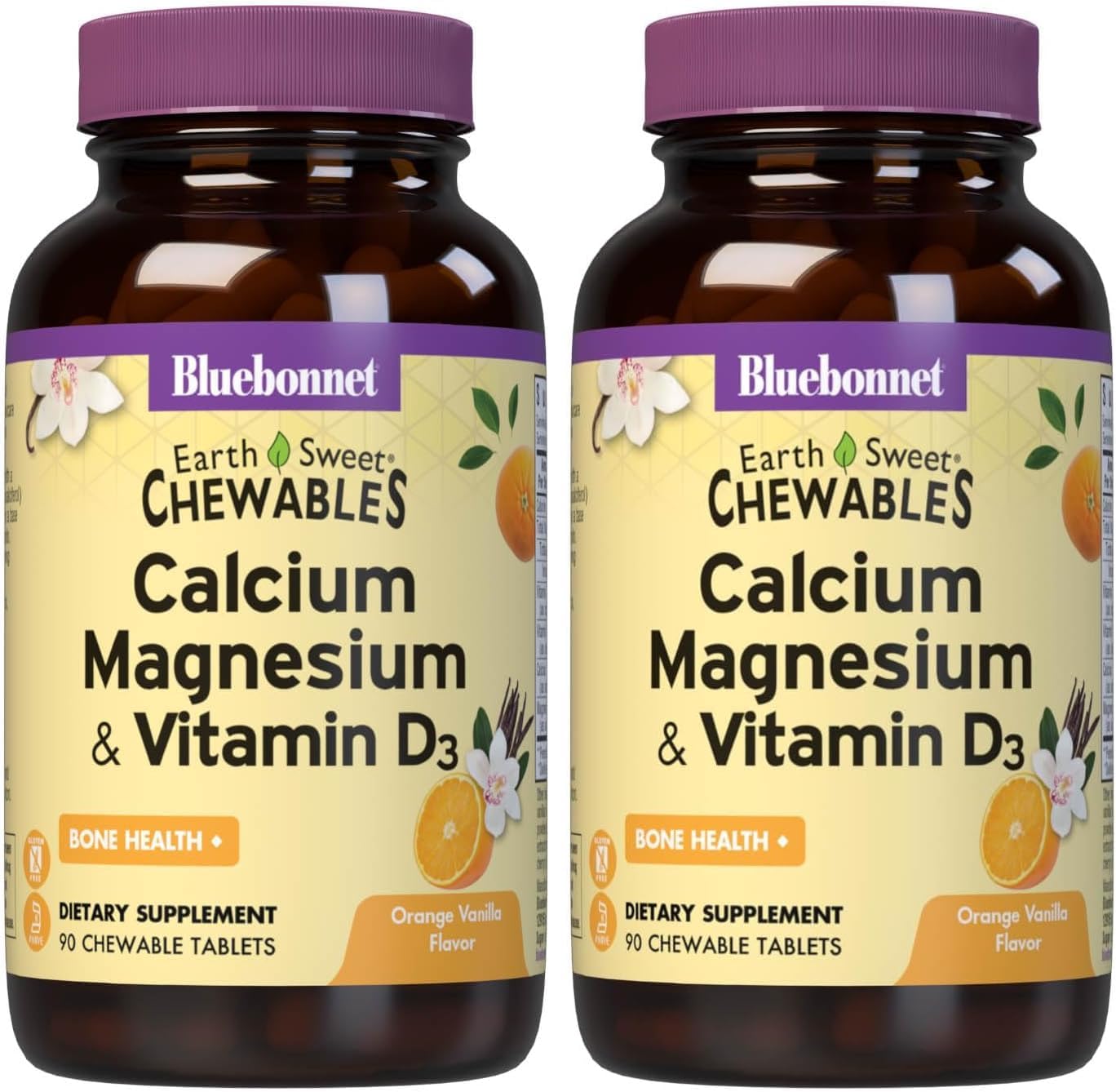 BlueBonnet Nutrition Calcium Magnesium Plus Vitamin D3 Earthsweet, Bone Health & Muscle Relaxation, Soy-Free, Gluten-Free, Kosher, Dairy-Free,90 Orange Vanilla Flavored Chewable Tablets (Pack of 2)