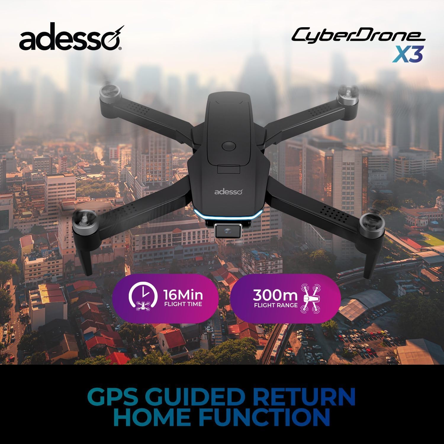 Adesso CyberDrone X3 2K FPV Camera Drone GPS WiFi 300 Meter Range Dual Control Lightweight Quadcopter with Gimbal and Remote