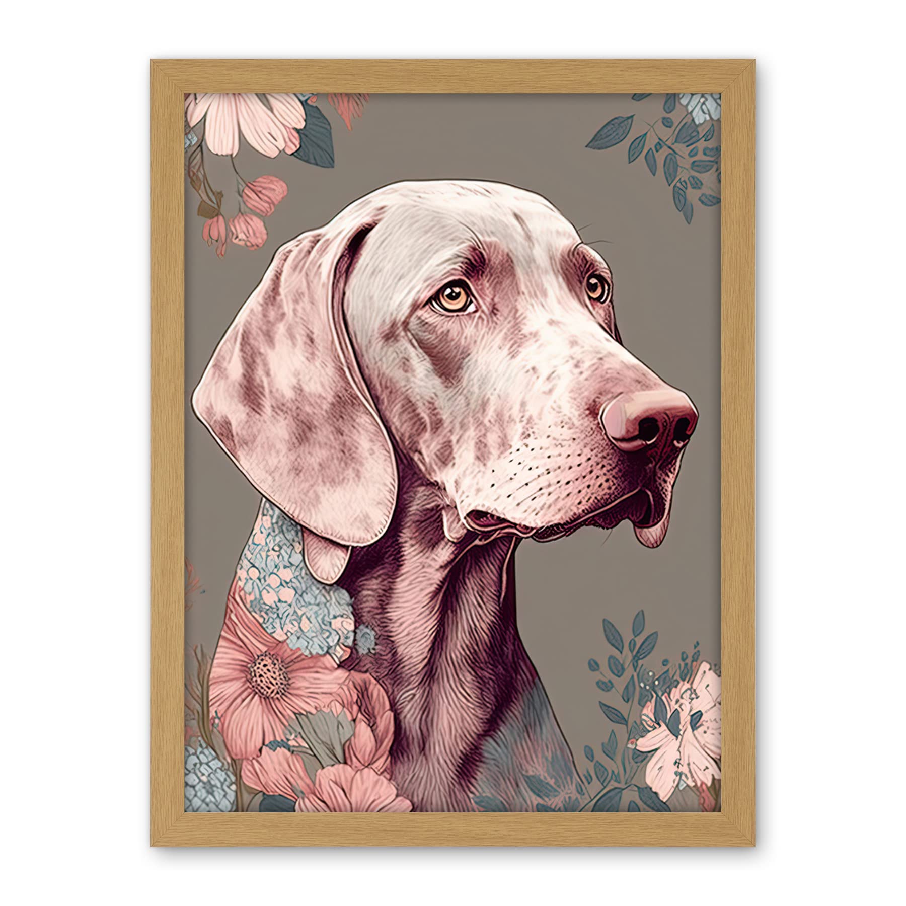 Artery8 Weimaraner Dog Portrait with Flower Patterns Modern Detailed Illustration Artwork Framed Wall Art Print 18X24 Inch