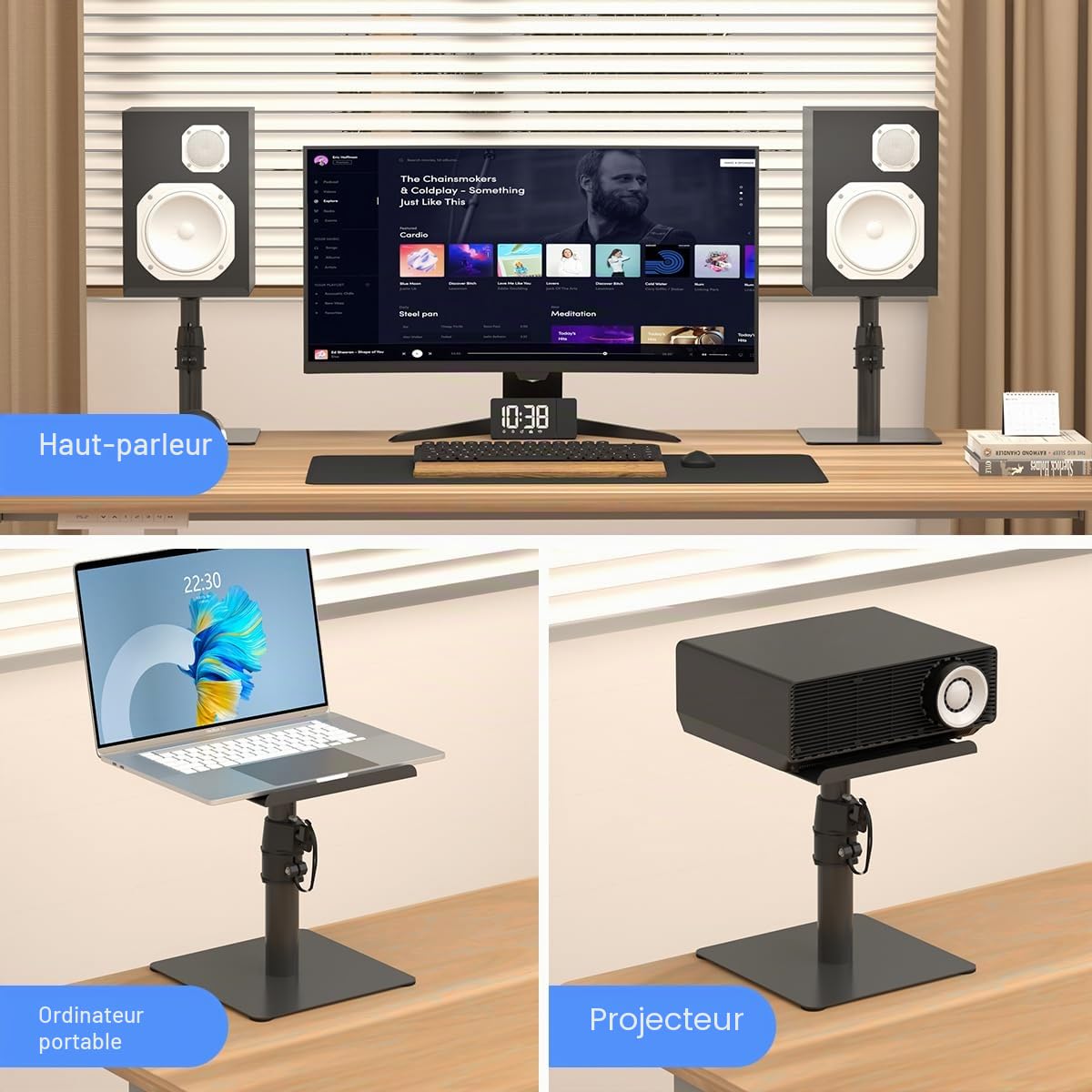 Suptek Universel Pieds Enceintes, Support d'enceinte Autonome pour Bureau, Plateaux de 9,6 x 8,8 Pouces, Réglage de La Hauteur et de l'inclinaison, Supports Audio Universels, Lot de 2, Noir, SDM001T