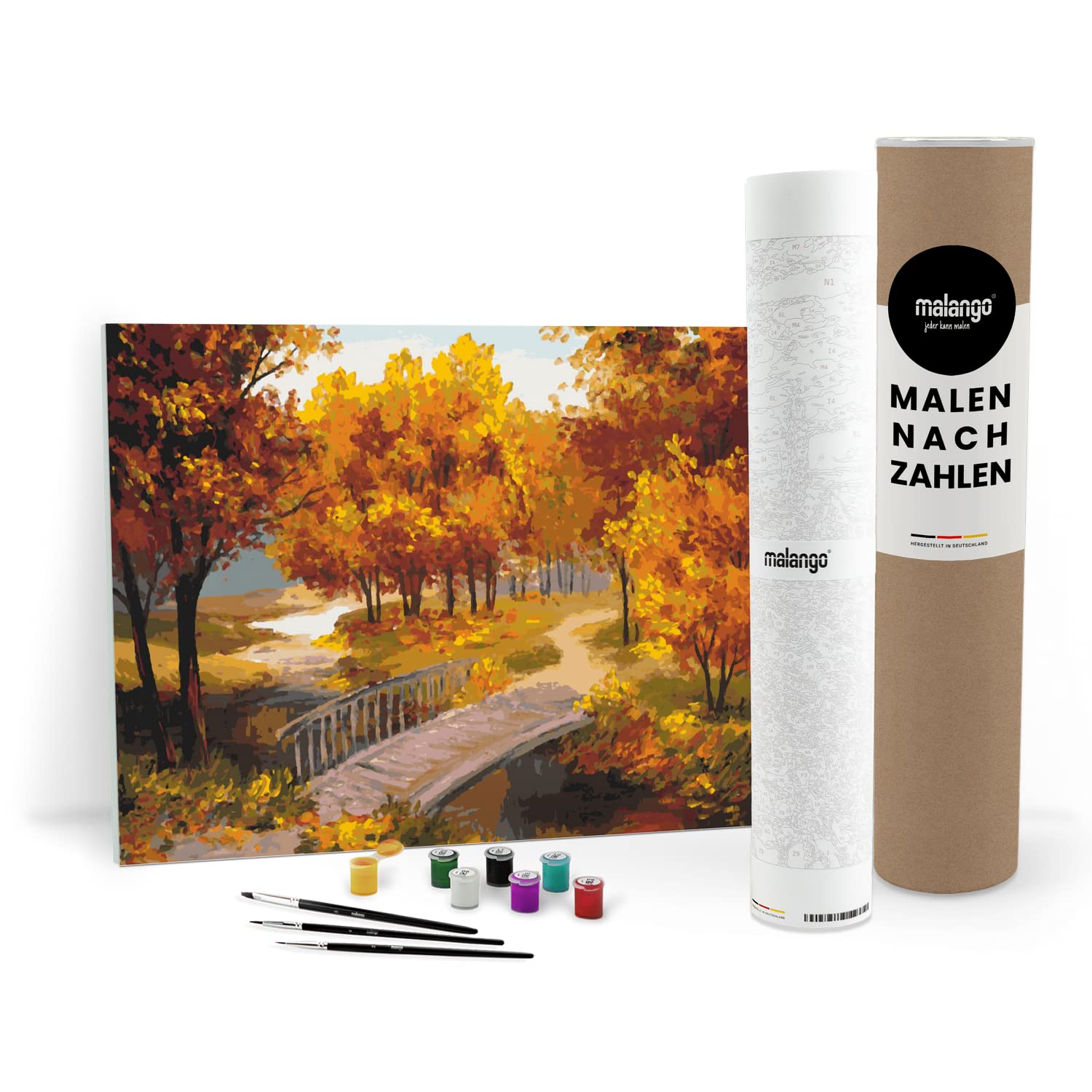 Malen nach Zahlen Erwachsene - Landschaft Brücke im Herbst 90 x 60 cm groß XL Premium-Malset ohne Rahmen, Hergestellt in unserer Produktion in Deutschland, Kreative