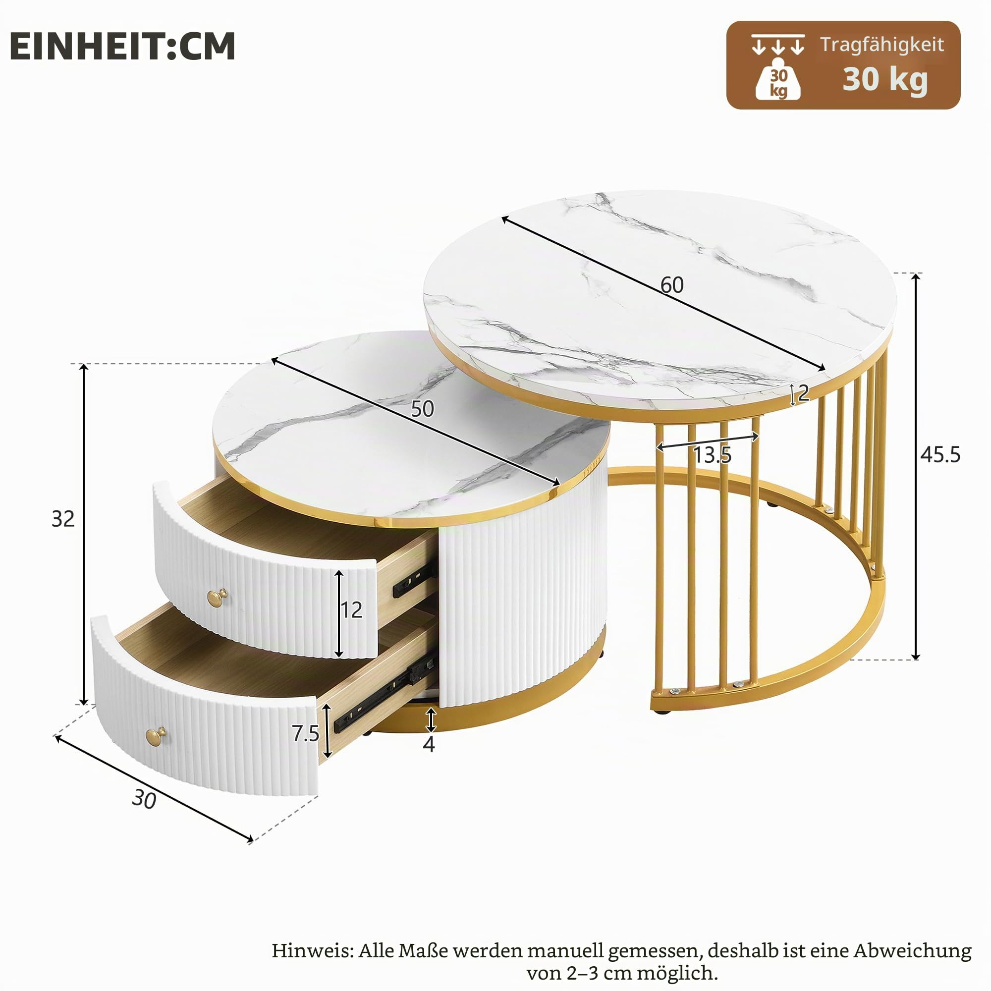 BTM Elegantes 2-teiliges, weißes Couchtisch-Set in Nestform, 60*60*45.5cm & 50*50*32cm, runde Tische mit hochglänzender Marmoroptik, 2 Schubladen, bis 30kg belastbar,Nesting-Kombination Couchtisch