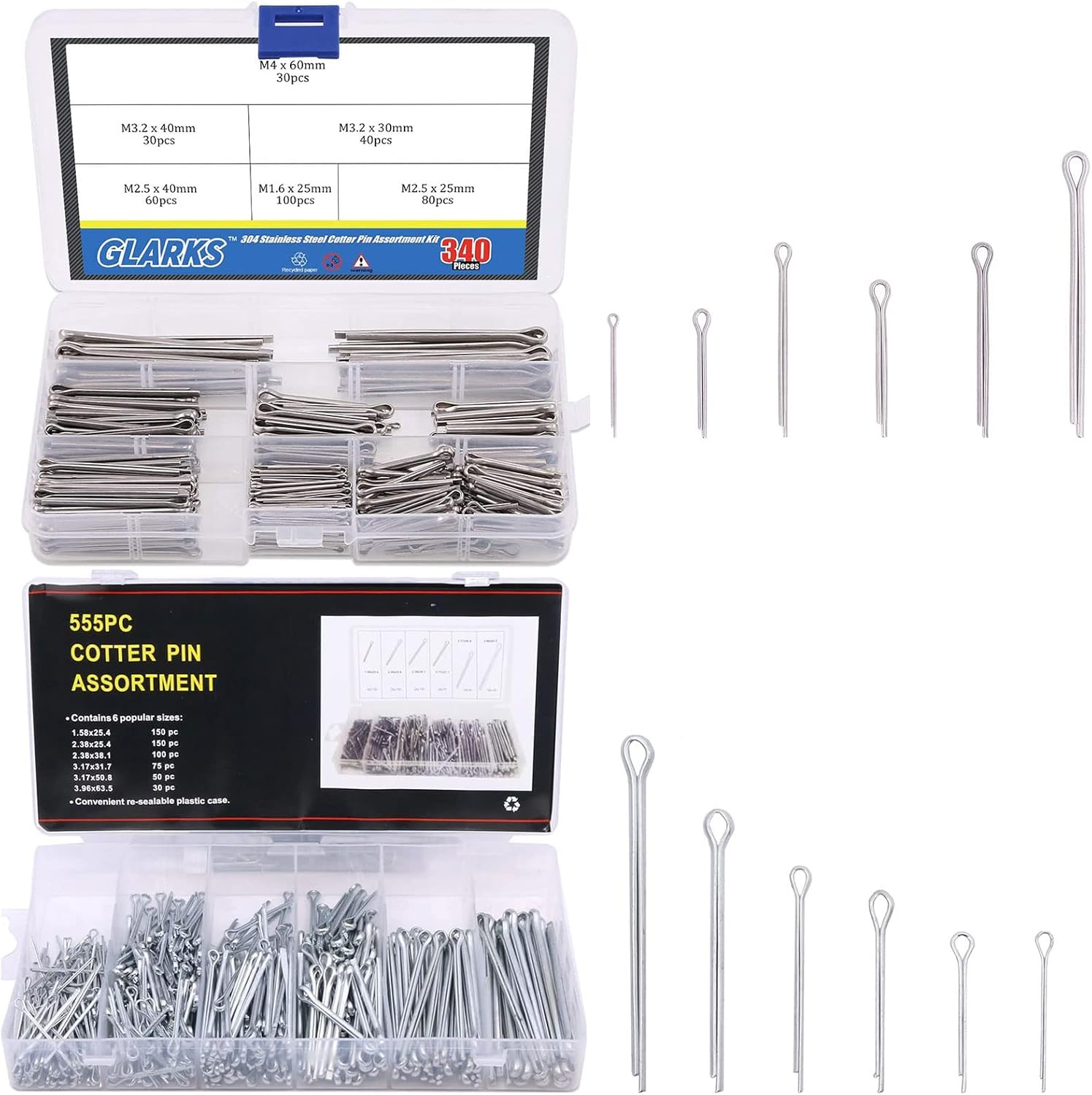Glarks 340Pcs 6 Sizes 304 Stainless Steel Cotter Pin Assortment Kit + 555Pcs 6 Sizes Heavy Duty Zinc Plated Cotter Pin Assortment Kit