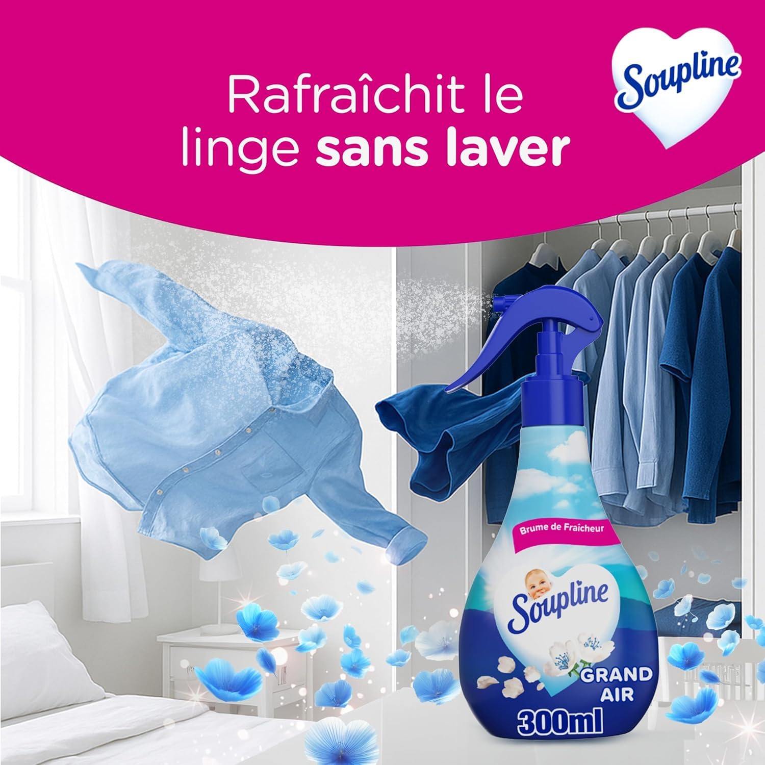 SOUPLINE Spray Brume de Linge Parfum Grand Air, Brume Parfumée pour Linge de Maison et Vêtements, Complément Idéal à Votre Lessive et à Votre Adoucissant Linge, Soupline Lot de 10x300 ml