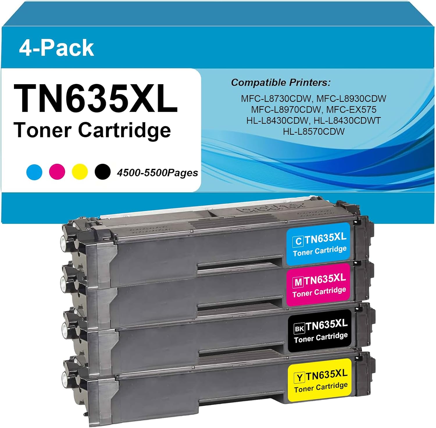 TN635XL High Yield Toner Cartridge Compatible for HL-L8430CDW, HL-L8430CDWT, HL-L8570CDW, MFC-L8930CDW, MFC-L8970CDW, and MFC-EX575 Printer,Black,Cyan,Magenta,Yellow,4-Pack