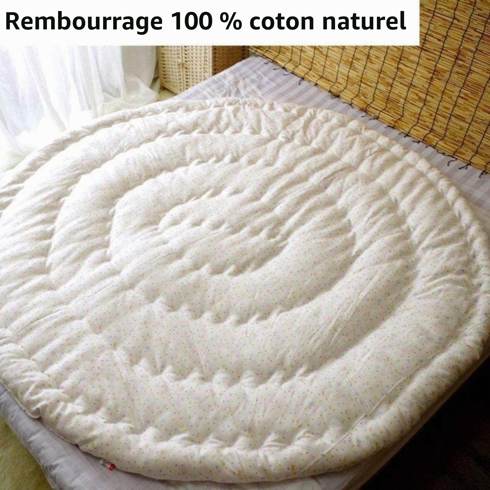 Surmatelas rond, matelassé, confortable, tapis de sol doux et sain pour enfants, rembourrage 100 % coton, poids 2 kg, blanc - diamètre : 180 cm