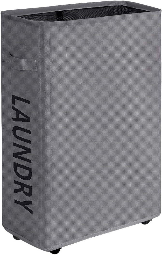 ZERO JET LAG 52L Large Slim Rolling On Wheels Laundry Hamper Tall Dirty Clothes Storage Basket Standable Corner Handy Storage Bin Hamper Basket 15×8×22" (22 Inches,Grey)