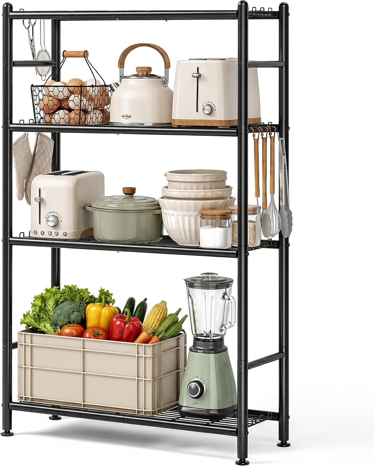 Metal Wire Storage Shelves, Kitchen Pantry Closet Storage Organizer | Storage Rack with Side Hooks, Standing Shelf Unit with Adjustable Feet