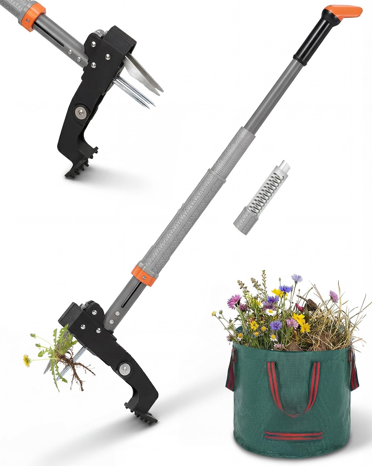 FAUETI Weed Puller, Weed Remover Tool with 91-118cm Adjustable Long Handle Ejector Mechanism, Stand Up Garden Weed Root Remover 4 Claws 50L Leaf Bag, Heavy Duty Weeding Tools for Dandelion (Gray)