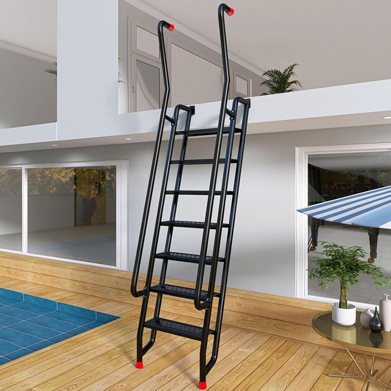 Escape Ladder with Handrails for Attic and Window Well, Indoor Outdoor Wall Mounted Step Ladder for Garage Roof Loft