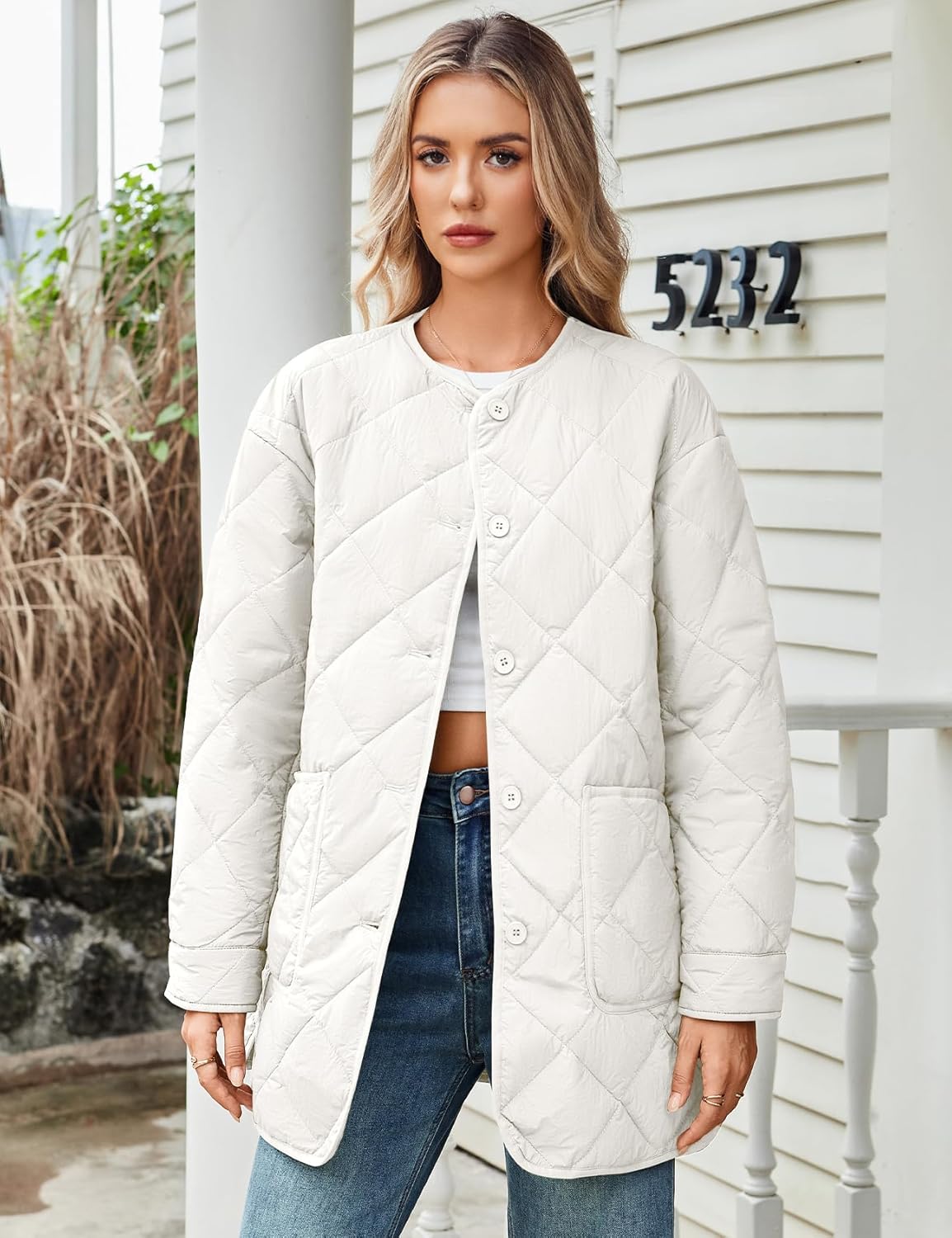 PEHMEA Women's Lightweight Quilted Puffer Jacket, Casual Long Sleeve Button Down Padded Coat with Pockets - Image 2