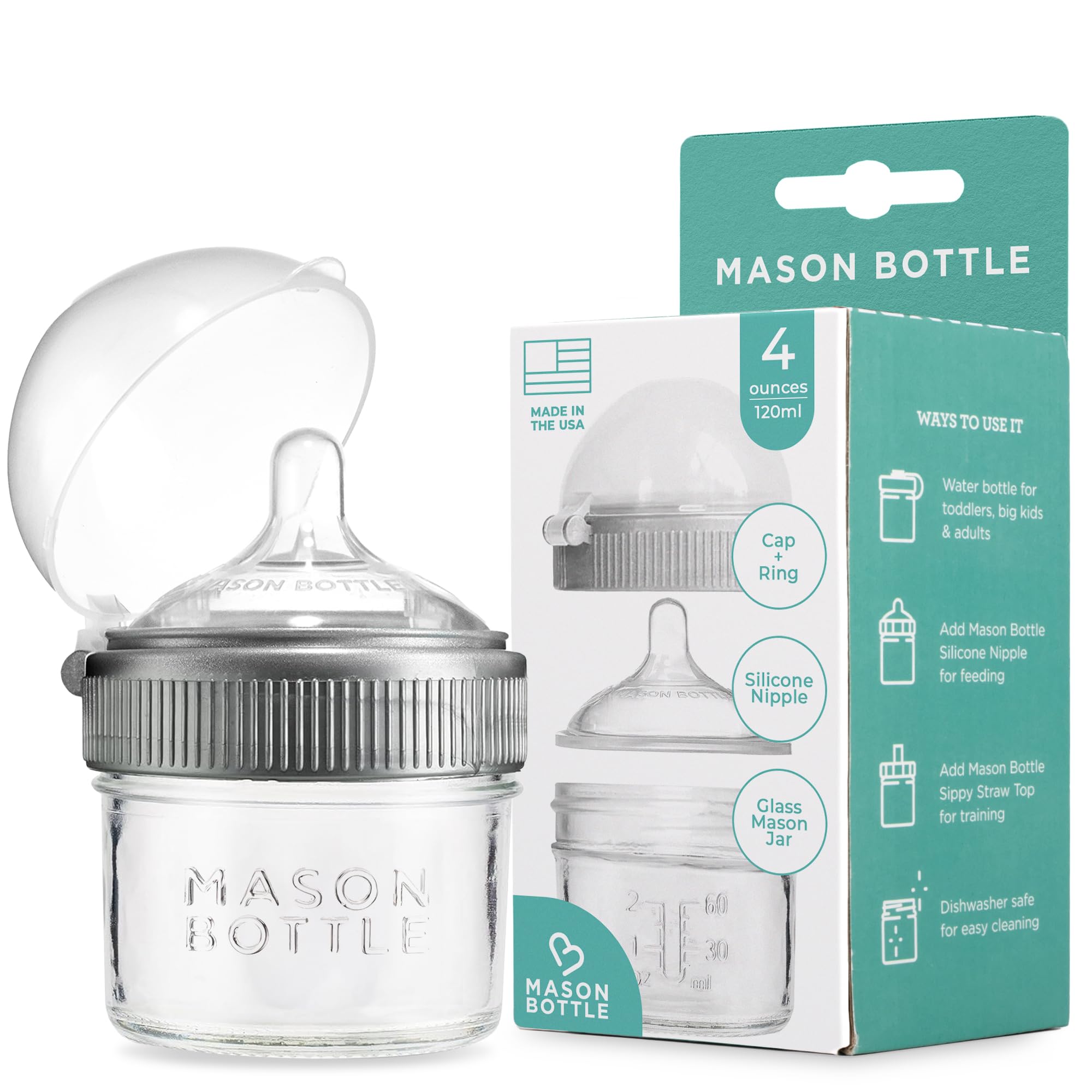 Mason Bottle 4oz Baby Glass Bottle with Breast Like Slow Flow Nipple, Cap+Ring - BPA Free, Non Toxic, Anti Colic Baby Bottle, Glass Feeding Bottle for