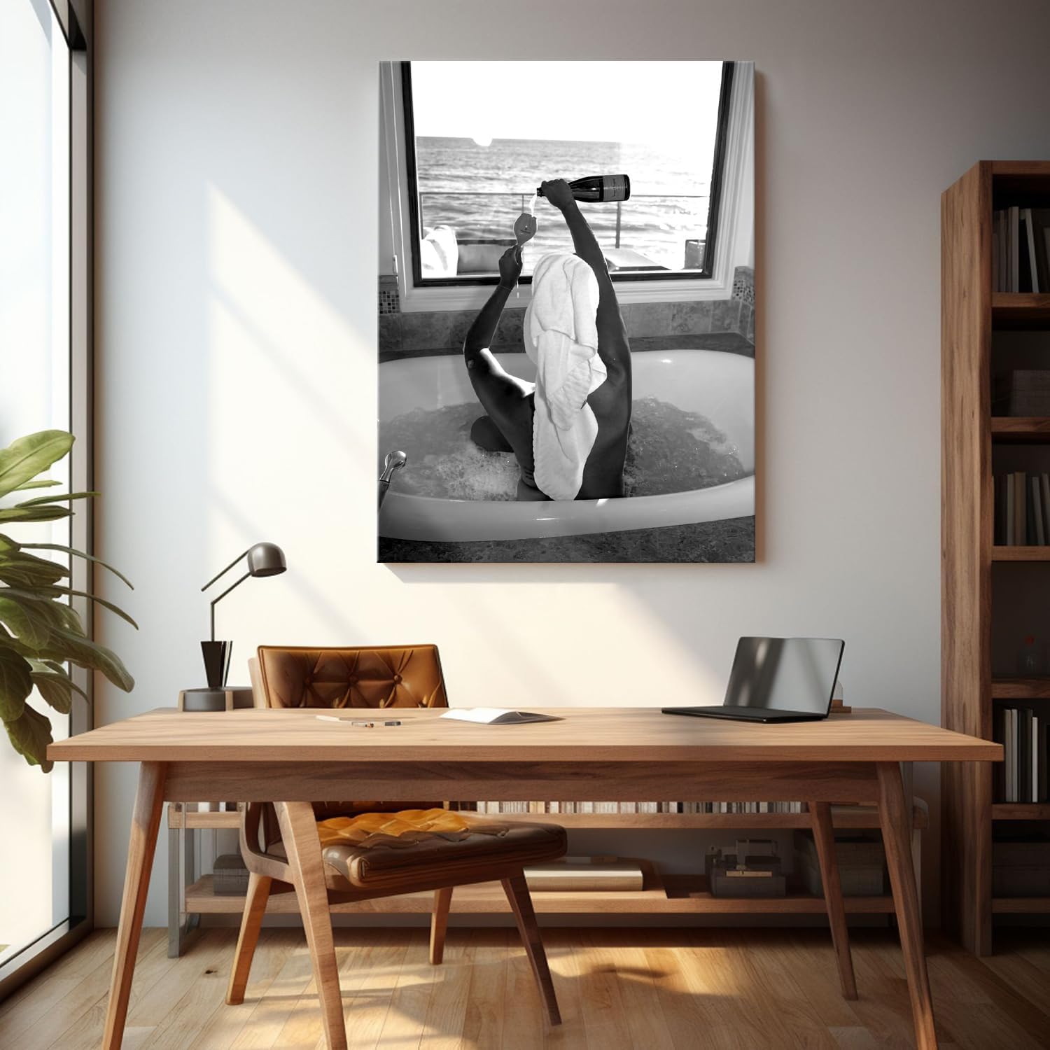 Woman Drinking Wine In Bathtub Print,Black And White Photo,Vintage Feminist Poster,Black And White Bathtub Print,Modern Girl Bathroom Wall Art,Champagne Print Bar Cart Decor 16x24inch Framed Art