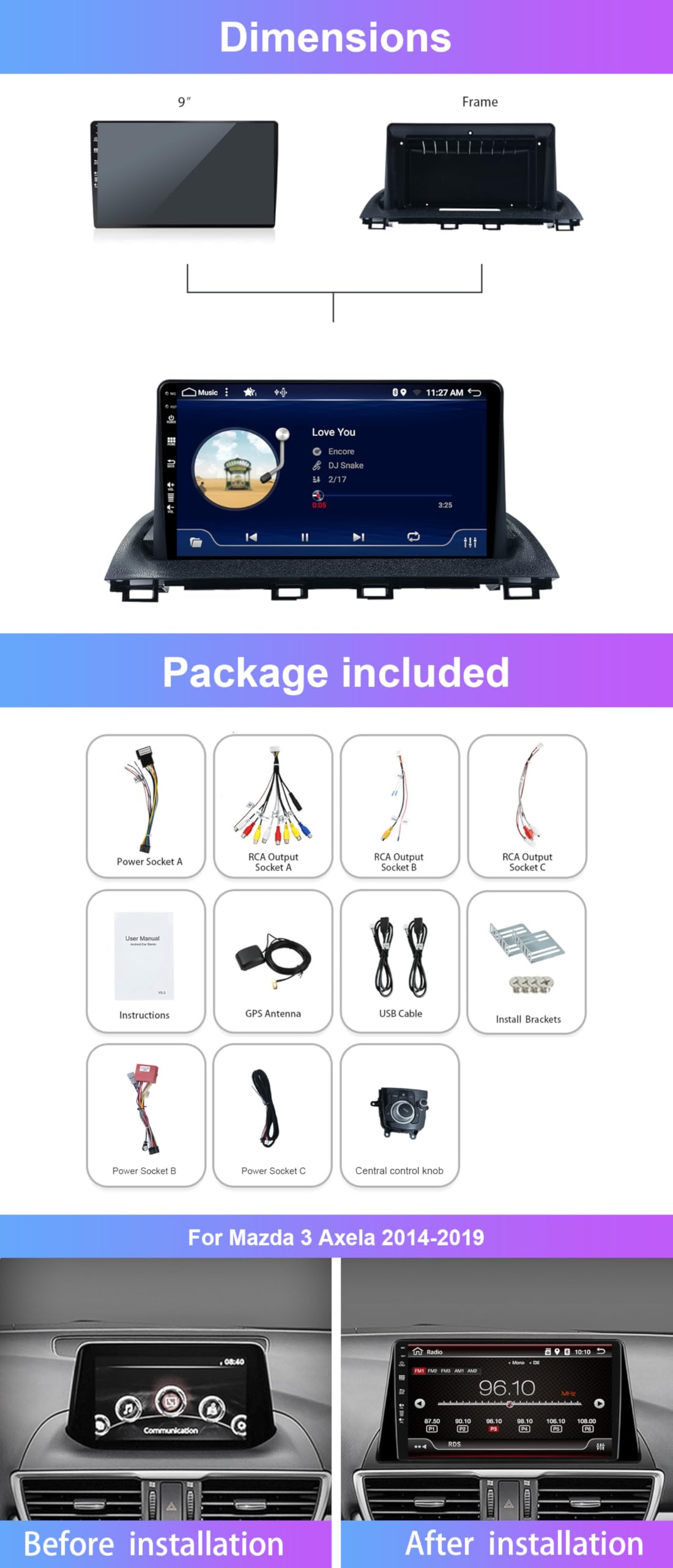 2 GB + 64 GB radia samochodowego 2 DIN Android 15 do Mazda 3 Axela 2014-2019 z nawigacją GPS, Bluetooth, Dab, USB, CarPlay, Android Auto, Wi-FI, 4G, MirrorLink, RDS