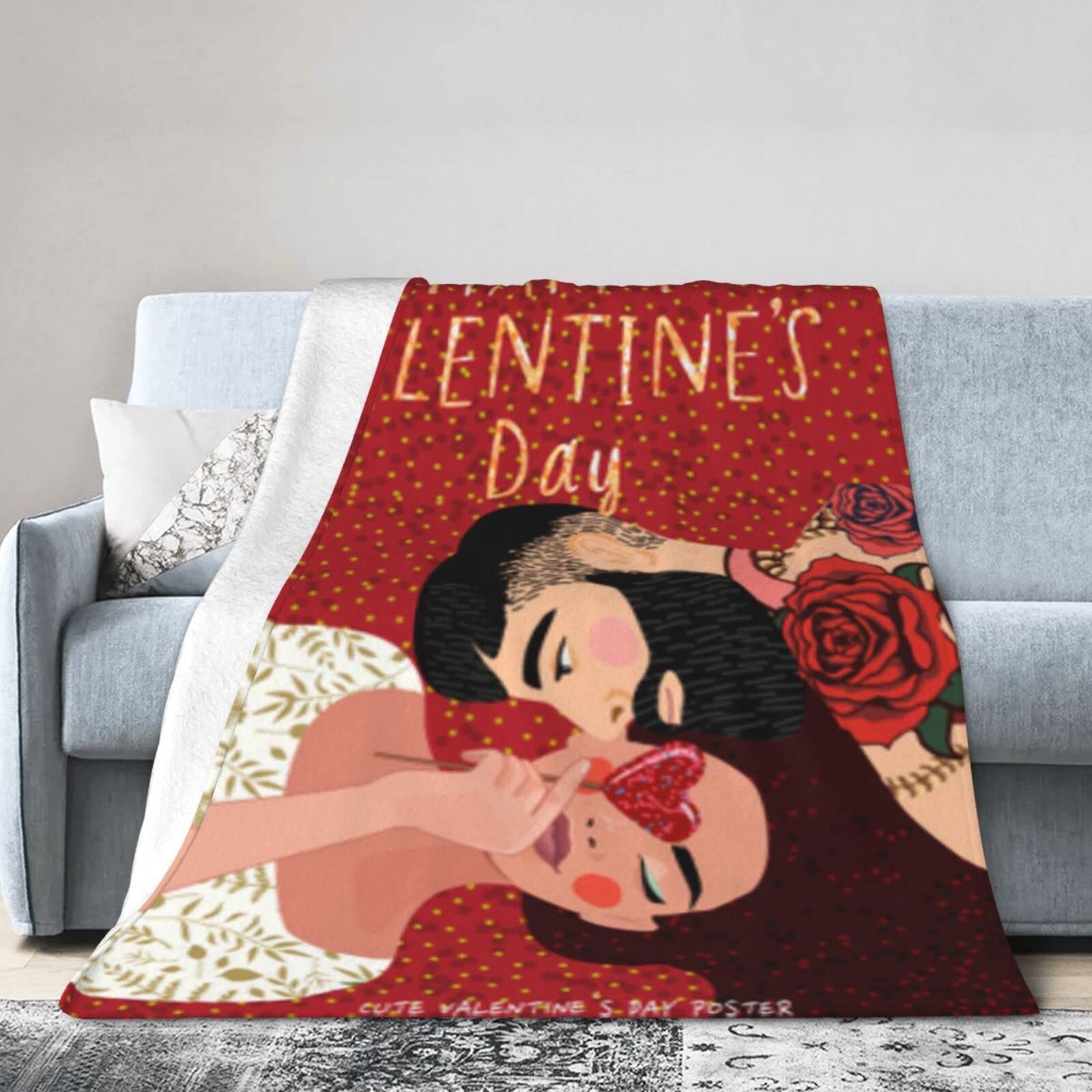 Lsjuee Flannel Fleece Blanket 40"X30" Happy Valentines Day Couple Lovers Sofa Throw Blanket Weighted Ultra-Soft Travel Spring Blankets for Mens Keep Warm