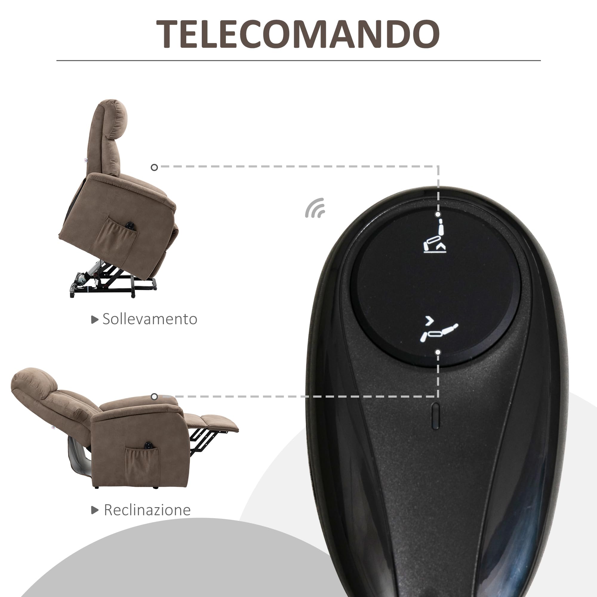 HOMCOM Poltrona Alzapersona Reclinabile 150° max con Telecomando e Poggiapiedi, 75x93x110 cm, Marrone