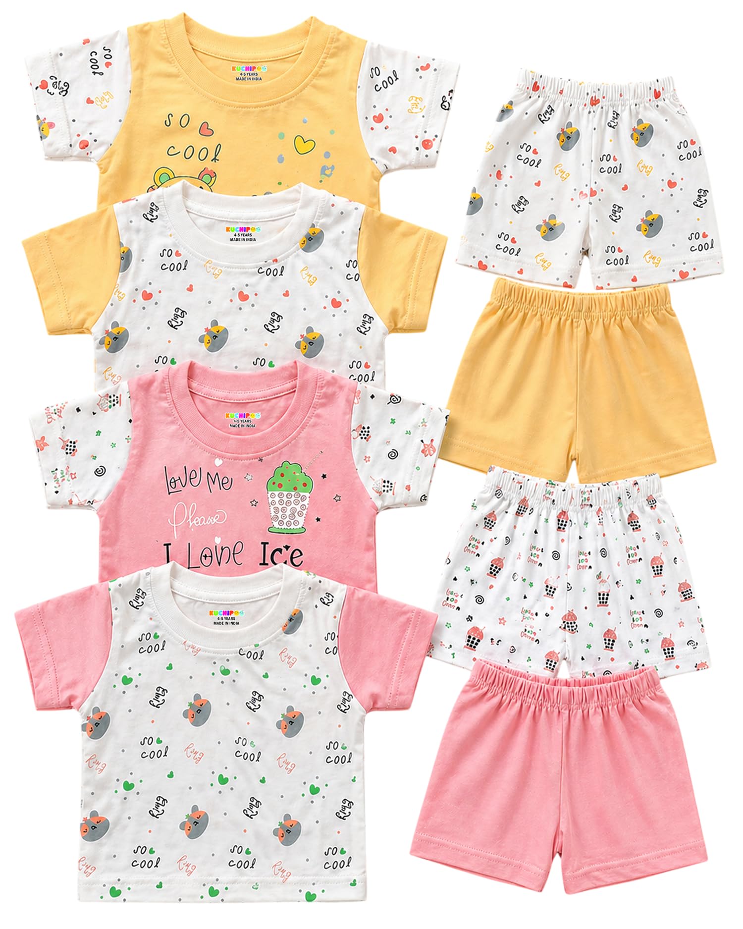 Kuchipoo Girls 100% Cotton T-Shirt & Shorts Set | Printed Summer Wear Set | Soft & Comfortable Kids Clothing | Pack of 4