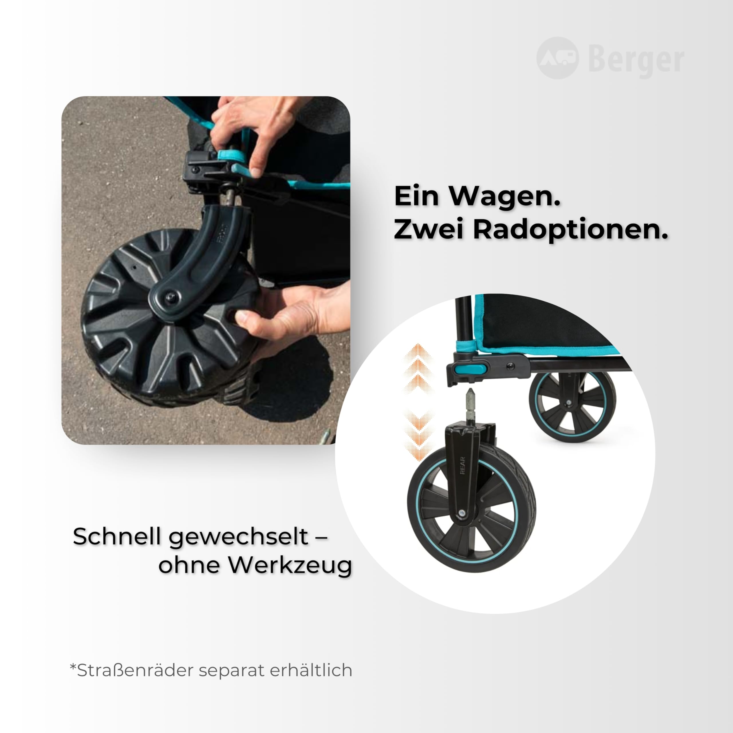 BERGER Waimea Offroad Bollerwagen | Transportwagen klappbar mit verstellbarem Griff & 360° drehbare Vorderräder | Handwagen für Gelände Outdoor Camping Einkaufen