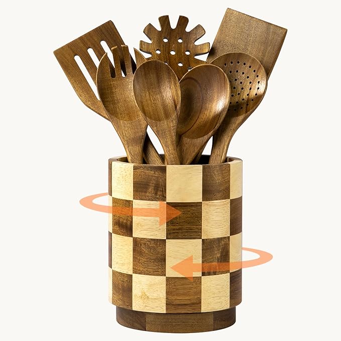 Wooden Utensil Holder, 360° Rotating Acacia Wood Kitchen Utensil Holder for Countertop, 7.2" Non-Slip Large Utensil Holder for Kitchen, Farmhouse Countertop Decor, Spatula Holders, Checkered