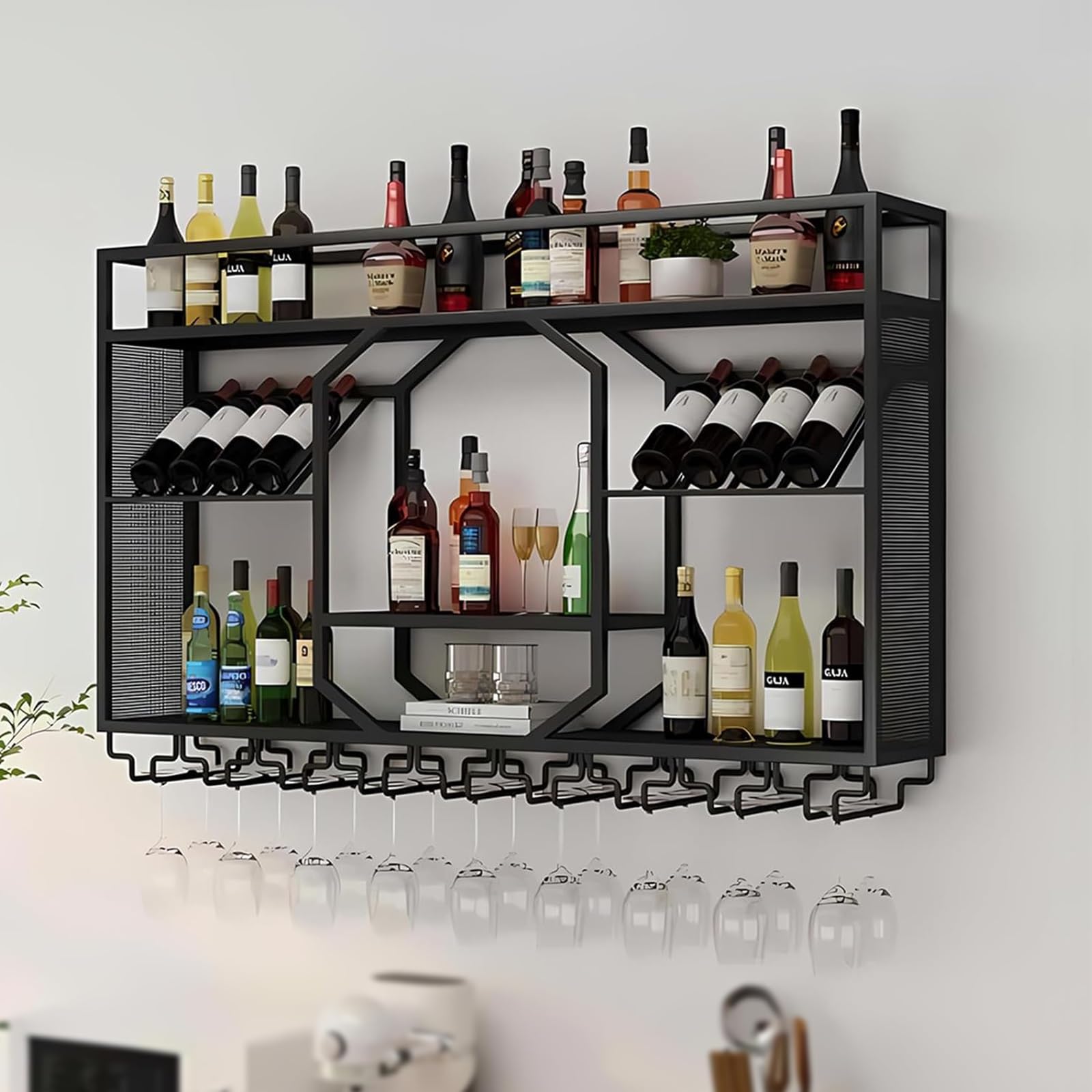 Étagère à vin murale industrielle en fer noir de 160cm avec porte-verres