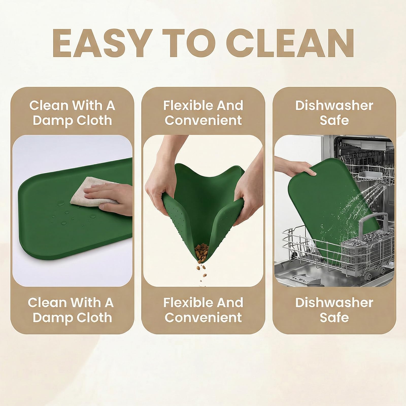 BLESWIN Tappetino impermeabile in silicone per alimentazione animali domestici con bordi rialzati, tappetino per ciotola gatto facile da pulire (Verde scuro, 60×40 cm)