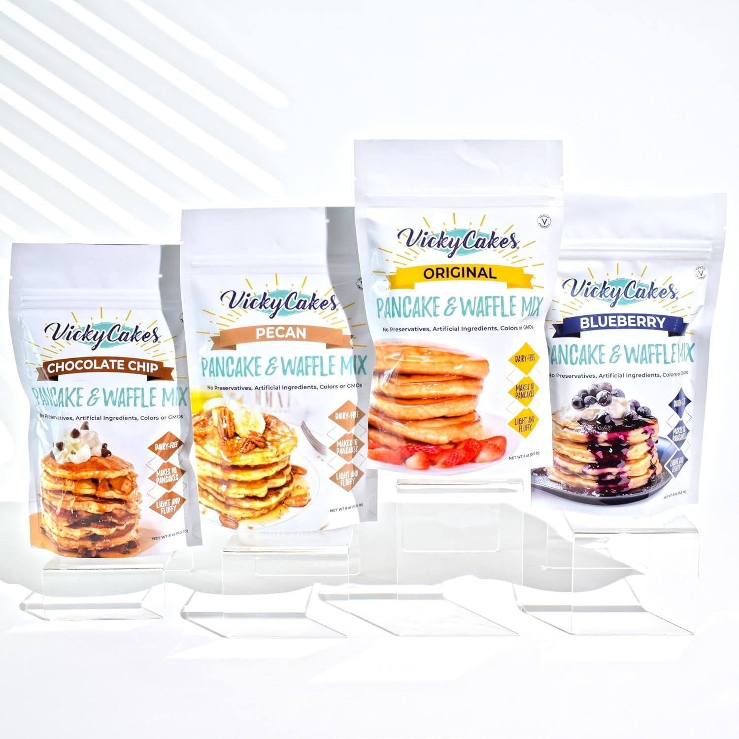 Vicky Cakes Pancake & Waffle Mix Variety Bundle - Original, Blueberry, Pecan and Chocolate Chip | Light & Fluffy, Dairy-Free, Vegan-Friendly, Non-GMO | Pack of 4