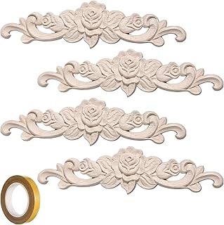 4 Pcs Wood Appliques Unpainted Wooden Onlays for Furniture, Decorative Carved Appliques Embellishments for Cabinet Door Wardrobe Crafts, 7.87" x 1.97(with Double-Sided Tape)