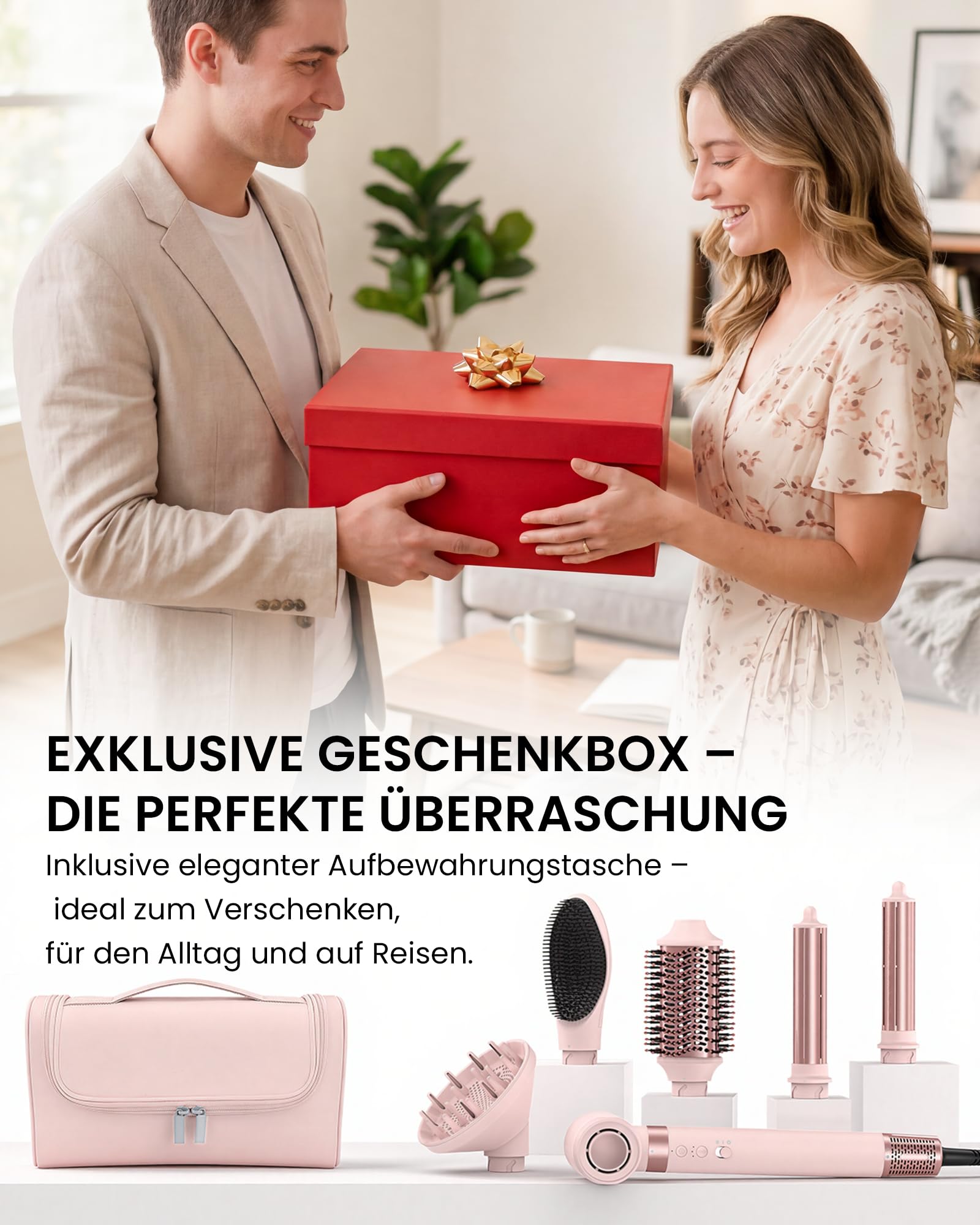 MESCOMB 6-in-1 Airstyler mit Diffusor, Warmluftbürste mit Auto-Wrap Lockenstab, Ionen Haartrockner Bürste mit Volumenbürste & Glättbürste, Hairstyler für Locken, Glätten, Volumen, mit Reisetasche