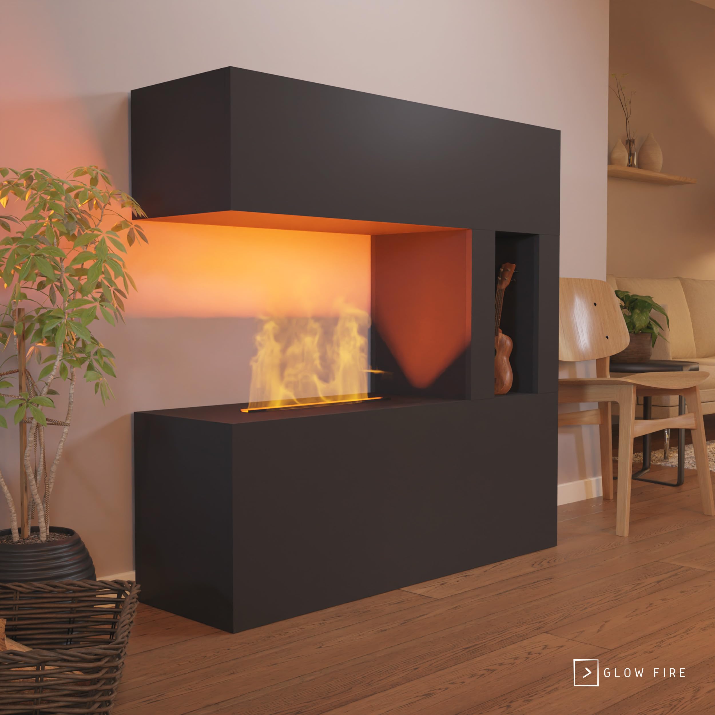 GLOW FIRE Caminetto a vapore acqueo SCHILLER POCKET - Caminetto elettrico con fiamme 3D LED realistiche, effetto crepitio, telecomando, 120x120 cm - Opti-Myst 500, Nero