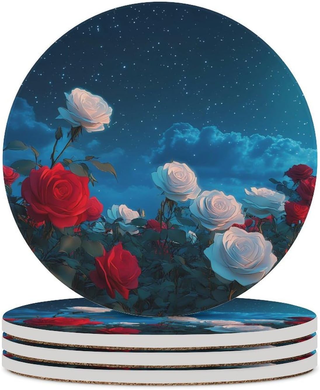 Roses and Moon Round Ceramic Coasters Print Drinks Absorbent with Cork Base for Home Decor Gifts 4 Inch