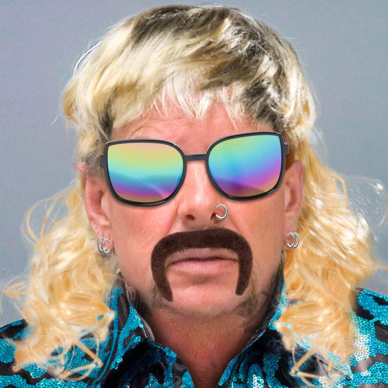 CY2SIDE Tiger King Cosplay Pack for Men - Blond Wig, Ear Clips, Sunglasses, Brown Fake Mustache, Cross Necklace - Party Supplies and Costume Set