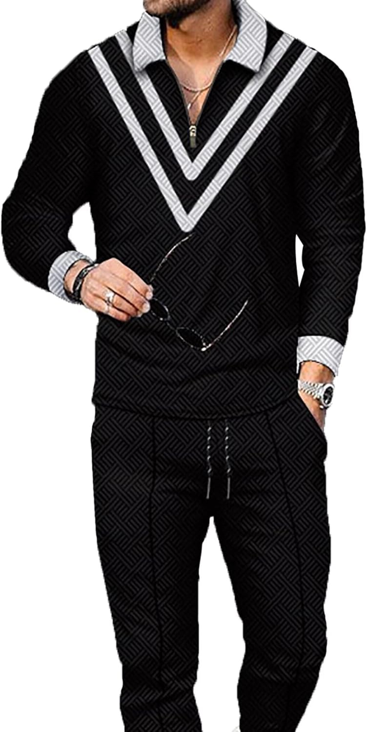 Size M Black and White V Mixed Men's Polo Track Suit Sets Long Sleeve Mens Outfits 2 Piece Fashion Sweatsuit Comfy Casual Set for Men