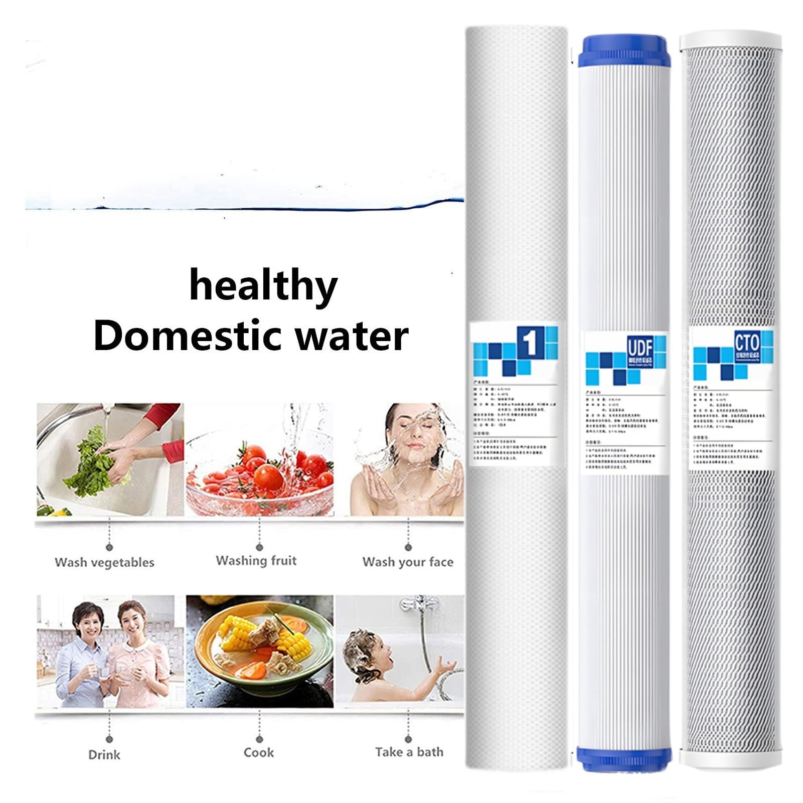 Zestaw filtrów wody do całego domu, 3-stopniowy, 20'' x 2,5'', z filtrem osadowym, UDF o dużej wydajności, wkłady z blokiem węglowym, całego domu przed i po (5 zestawów)