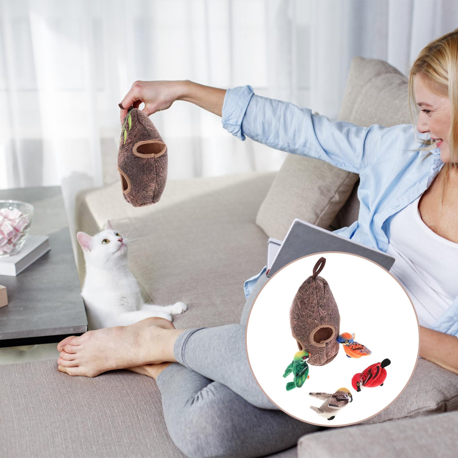 DOITOOL Juguete Interactivo para Gatos con Sonido de Pájaro Set de Juguetes para Masticadores Peluche Suave y Jaula Simulada Adecuado para Ejercicio y Entretenimiento en Interiores