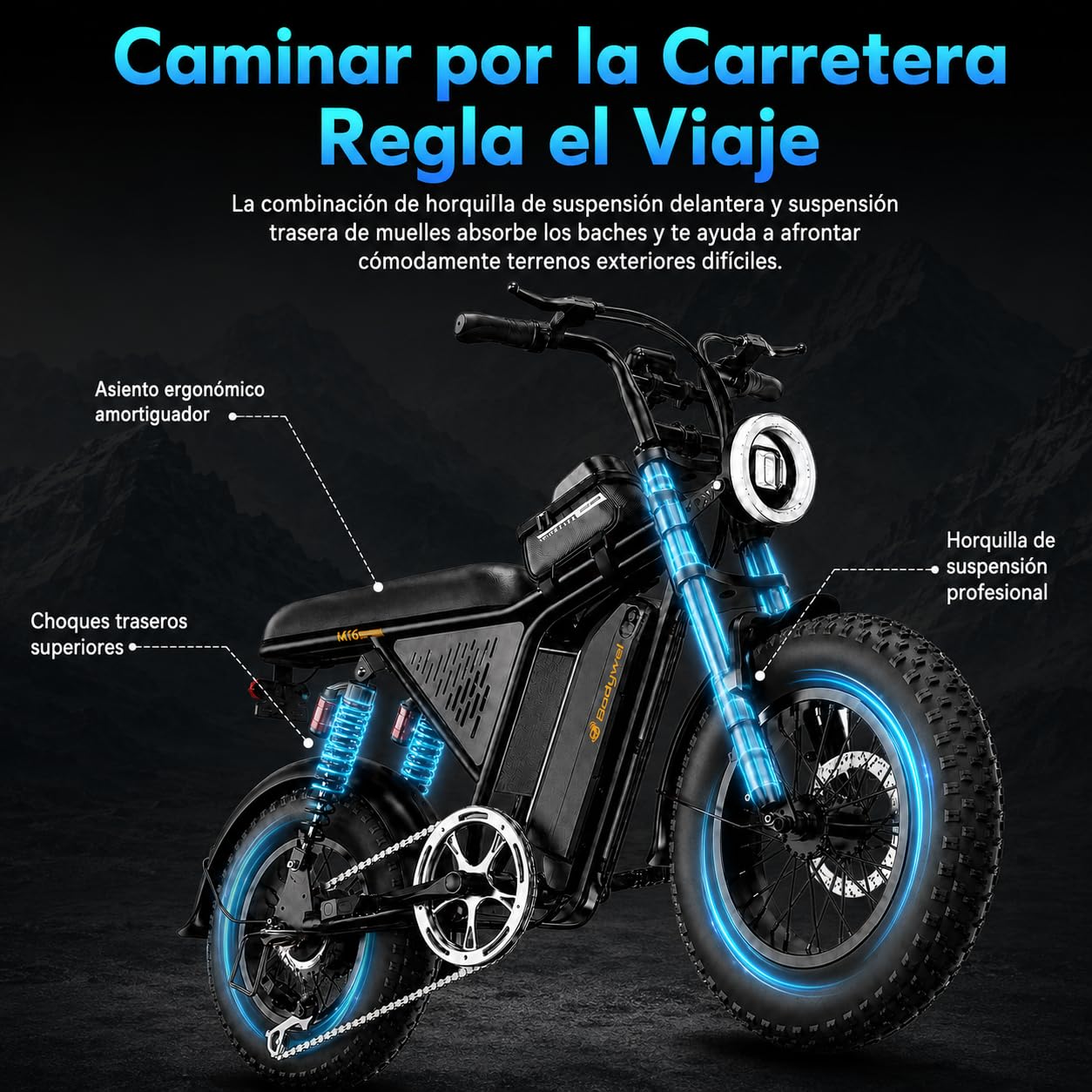 Bodywel Bicicleta Eléctrica de Carretera Adultos, M16Pro 16x4.0” Bicis Electricas de Montaña, Ebike con Batería 48V 15Ah, Motor 250W, 80 km Autonomía (Pas), Pantalla LCD, Suspensión Completa