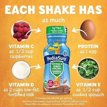 PediaSure Grow & Gain with 3g Fiber for Digestive Health, Provides Immune Support, Kids Protein Shake, 27 Vitamins and Minerals, 7g Protein, DHA Omega-3, Non-GMO, Chocolate, 8 fl Oz, 24 Count