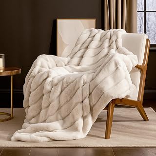 Cozy Bliss Sheared Rabbit Faux Fur Throw Blanket 50x60 Beige - Ultra Soft Shed-Resistant Plush Couch Blanket OEKO-TEX Certified