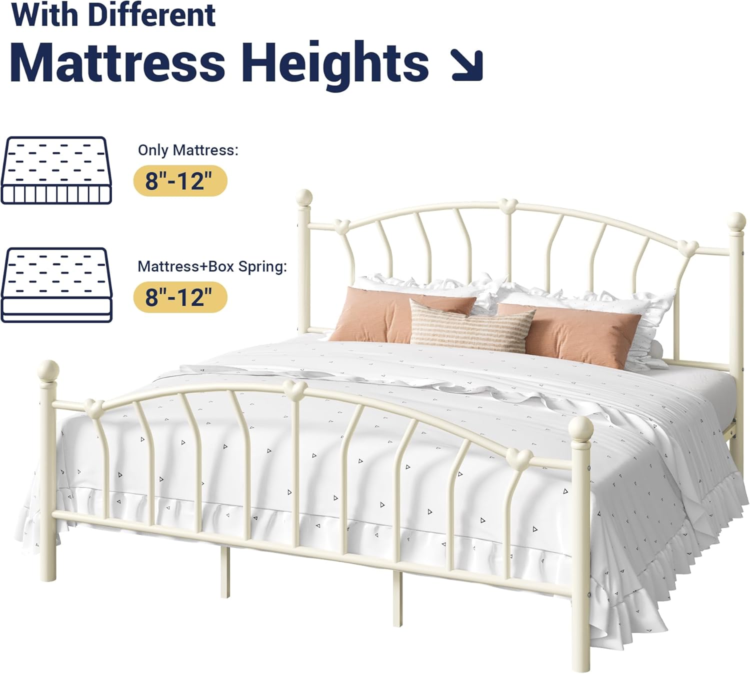 Allewie 14 Inch King Size Metal Platform Bed Frame with Heart-Shaped Headboard and Footboard/Iron-Art Mattress Foundation/Under Bed Storage/No Box Spring Needed/Easy Assembly/Noise-Free/Cream White