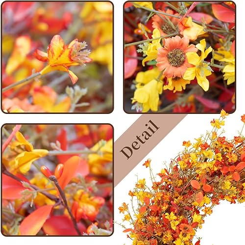 Miniatura 5 de Corona de otoño de 22 pulgadas para puerta delantera, corona de otoño artificial de eucalipto naranja con margaritas jazmín, corona de otoño para